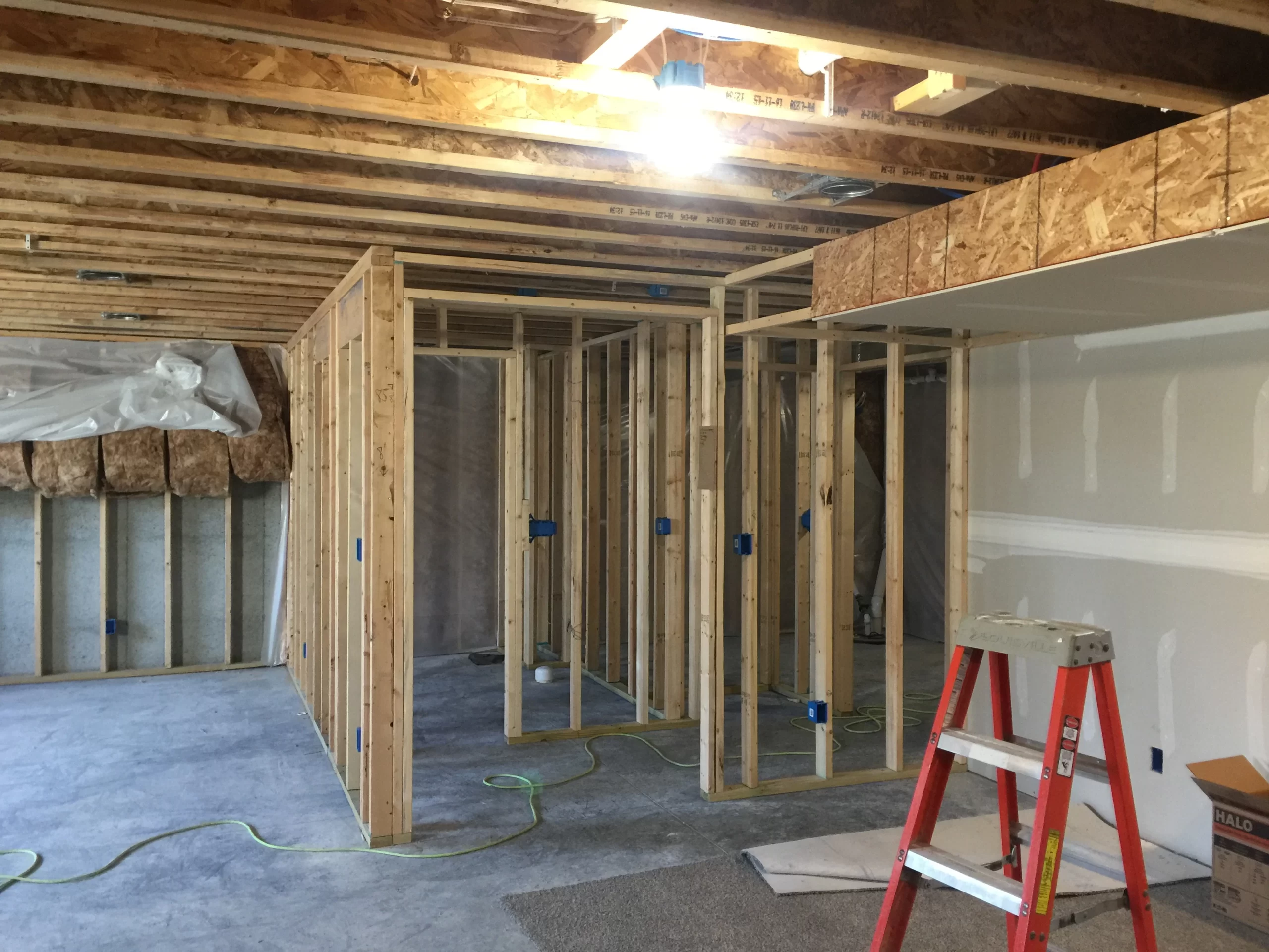 Basement storage area with a hallway and multiple rooms.